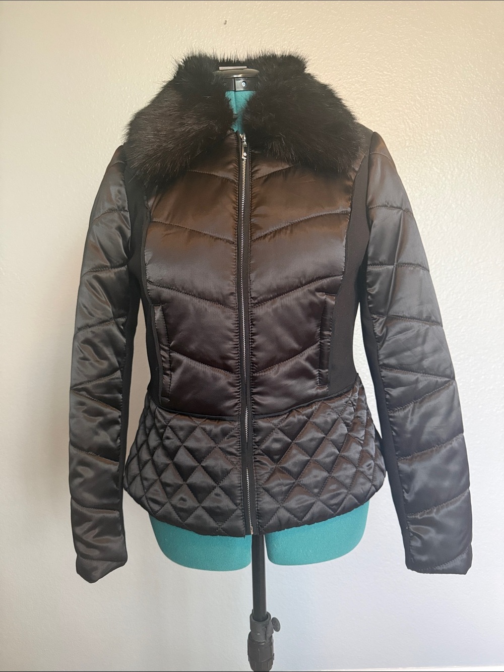 White House Black Market Quilted Coat with Removable Faux Fur Collar